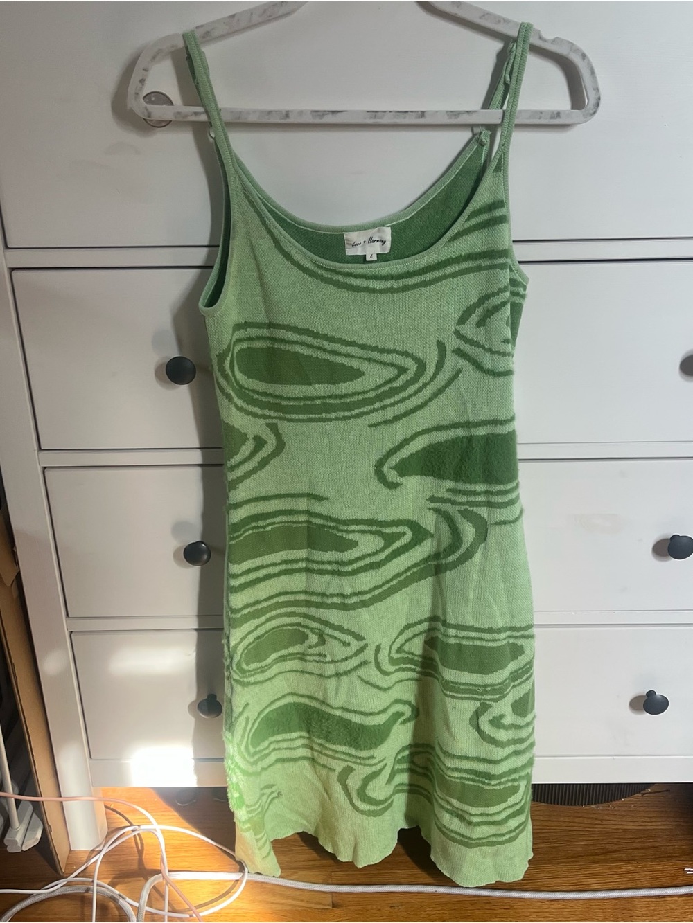 Light Green Patterned Knit Slip Dress with Spaghetti Straps